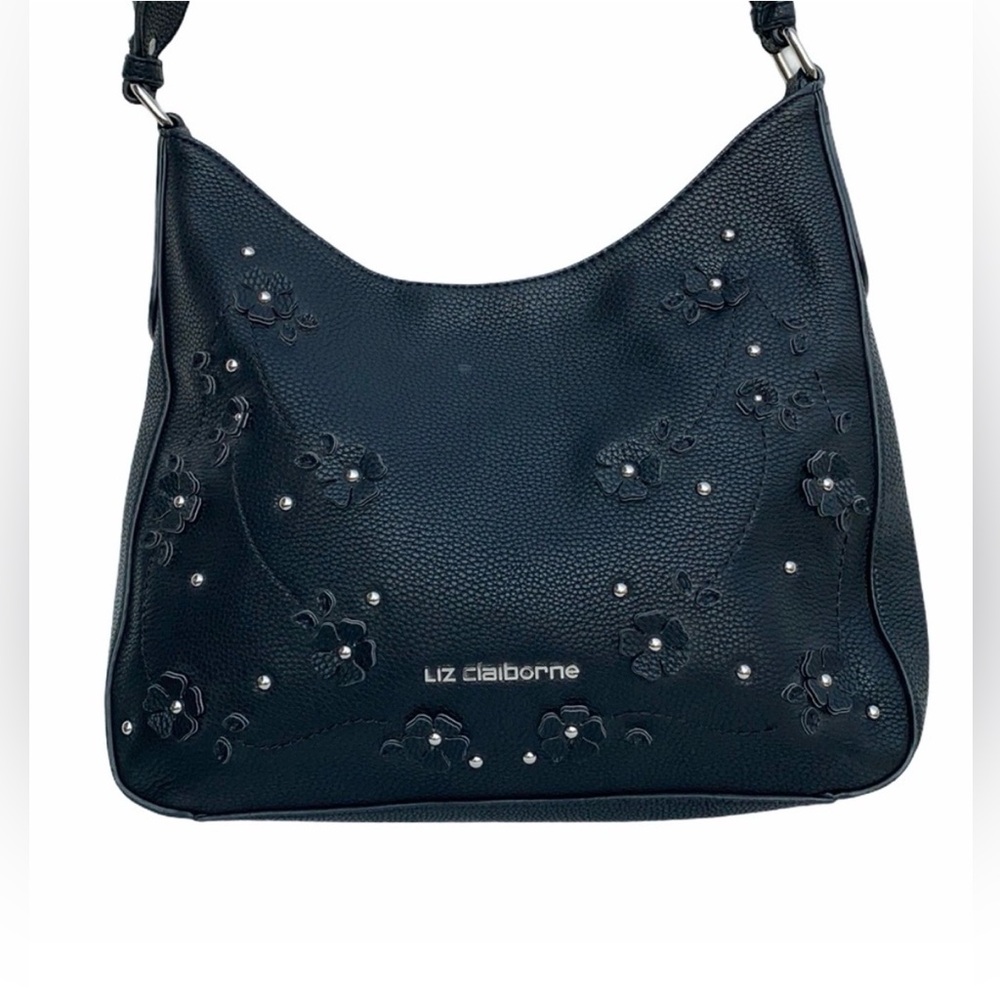 LIZ CLAIBORNE Beautiful Floral Embellished,  Durable, Large Hobo Bag, Black, EUC - Picture 3 of 10